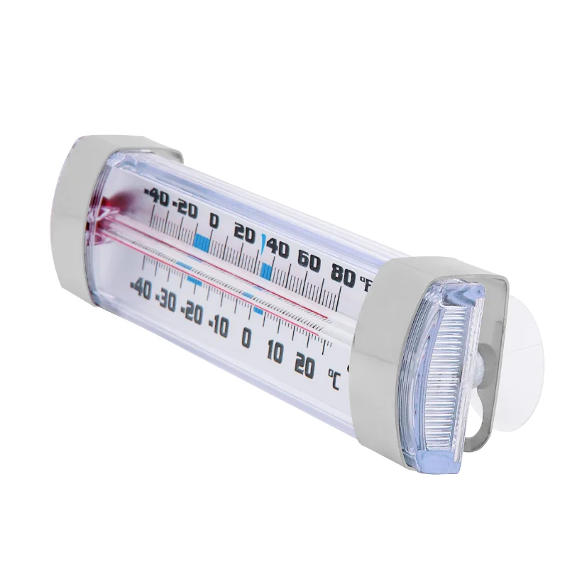 The AHF2 glass tube thermometer, cut for a fridge shelf